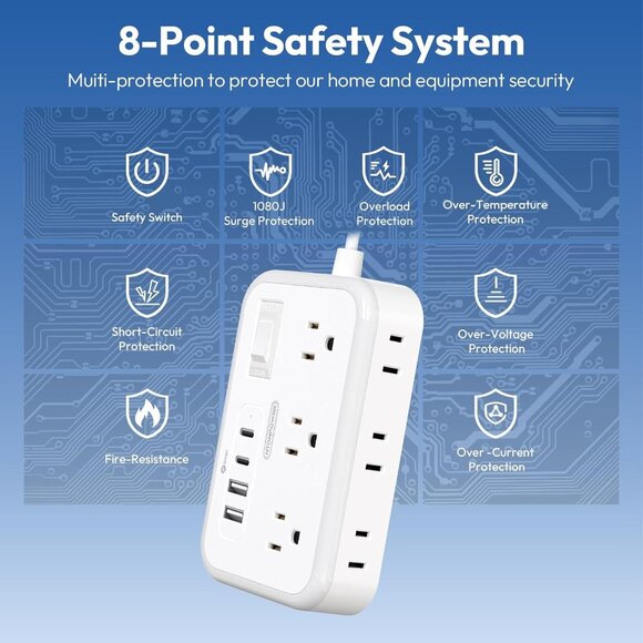 Surge Protector Power Strip 10 ft Flat Plug Extension w/ 6 Outlets 4 USB Ports - Picture 8 of 8